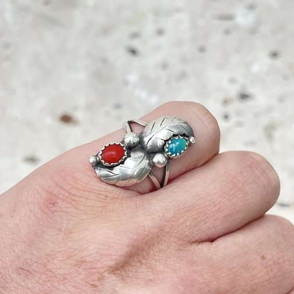 Vintage Navajo Sterling Silver Turquoise & Coral Leaf Ring 5.5 - Picture 1 of 5